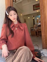 Women's Blouses Korejepo 3D Flower Red Shirt Retro French Women 2024 Spring Design Unique Beautiful Shirts Top Leisure Simplicity Chic