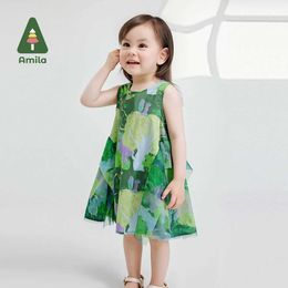 Girl's Dresses Amila 2024 Summer New Girls Skirt Mesh with Fairy Forest Green Cute Fun Comfortable Dream Dress 0-6YL2405