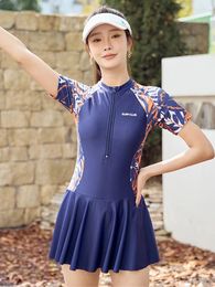 Women's Swimwear Short Sleeved Skirt Style Swimsuit Women 2024 O-neck Oversized Split Bikini Korean Version Slimming Bathing Suit