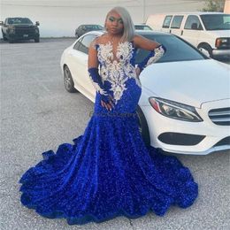 2024 Sparkly Royal Blue Sequin Prom Dresses For Black Girls With Silver Crystals Rhinestones Beaded Plus Size Mermaid Evening Dress Birthday Party Vestios De Fiesta