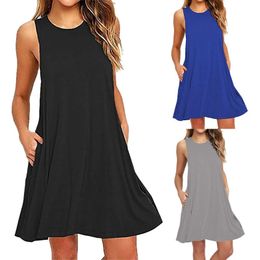 Basic Casual Dresses Womens Dress Summer Casual T Shirt Dresses Beach Cover up Plain Pleated Tank Pockets Dress Y240515