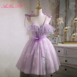 Party Dresses AnXin SH Princess Purple Lace White Flower Short Evening Dress Bride Spaghetti Strap Bow Little Black