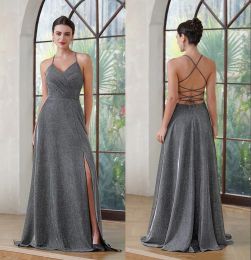 NEW Sparkle Grey Mermaid Bridesmaid Dresses Elegant Sleeveless Pleats Front Split Maid Of Honour Gowns Satin Evening Prom Dress BM3218