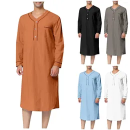 Men's Casual Shirts Mens Muslim Arabia Long Sleeve Pocket Loose Robe Shirt Solid Slim Fitting Standing Collar