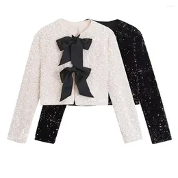 Women's Jackets Sexy Nightclub Coat Women Sequin Jacket Sequins Bowknot Lace Up Cropped For Elegant Glitter Cardigan Party