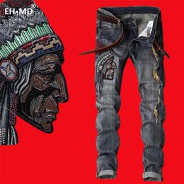 Men's Jeans EHMD Indian Avatar Embroidered Jeans Men Scratch Long Cracks High Strt Pants Soft Red Ears Blue Grey Slim 2020 Western Style T240515
