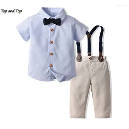 Clothing Sets Top And Summer Boys Gentleman Short Sleeve Striped Bowtie Shirts Suspenders Shorts 2PCS For Wedding Party