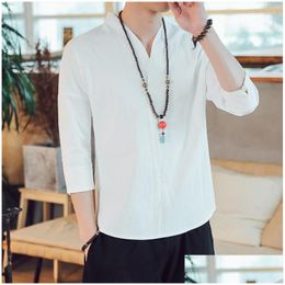Ethnic Clothing Summer Chinese Style White Cotton Linen Classic Seven-Sleeve T-Shirts Tangzhuang Han Suit Meditation Zen Orient Blouse Otphr