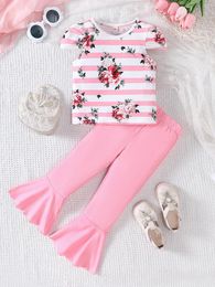 Clothing Sets Girls Summer Sweet And Cute Leisure Vacation Style Set With Flower Print Stripe Top Pink Flare Pants Two Piece