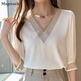Women's Blouses Shirts Embroidery Half Slve White Lace Women Blouses 2023 Autumn V-Neck Loose Chiffon Tops Shirt Office Lady Elegant Blusas 13366 Y240510
