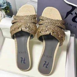 New Womens Gina Slipper Brand Sandal Shoes Ladies Flats Heels Lady Diamond Leather Black Golden Gold Wedding Bottoms