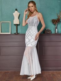 Party Dresses Angel-fashions Halter Pattern Sequin Illusion Backless Lace Up Bodycon Long Prom Dress Vintage Silver 470