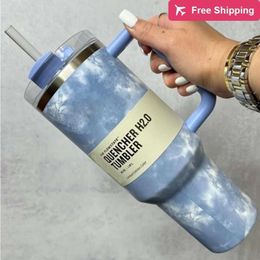 with Dhl Quencher 40oz Tumbler Tie Dye Light Blue Pink Leopard Handle Lid Straw Beer Mug Water Bot stanliness standliness stanleiness standleiness staneliness LXDN