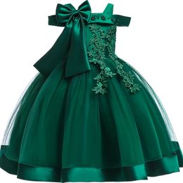 3-10 Years Kids Christmas Party Dresses For Girls Appliques Flower Elegant Wedding Dress With Bow Children Birthday Prom Gown 240516