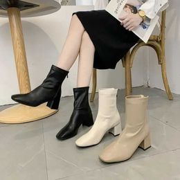 Boots New Winter Square Toe Woman Zippers Ankle Ladies Elegant Thick High Heel Short Shoes Womens Botas De Mujer 2024 H240516