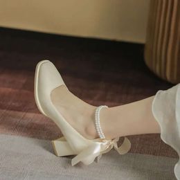 Jane Mary Dress Women Pumps 684 Bow-knot Chunky Heel Pearl Ladies Sandals Ankle Straps Female Elegant Wedding Party Cozy Soft Shoes 230717 ss 464 d 1a00