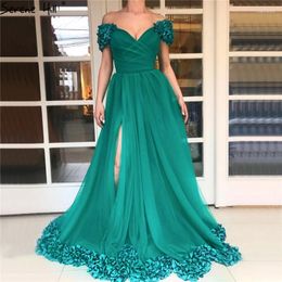 Party Dresses Green Off Shoulder Sexy Simple Prom Style 2024 Short Sleeves Tulle A-Line Design BLA70134