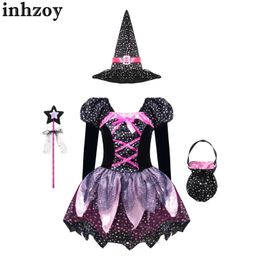 Cosplay Girls Halloween Witch Witch Costume Party Party Costume Lonced Sleeved Sharling Star Pressed Tutu Dress مع Hat Wand Candy Bag Pointed SETL240502