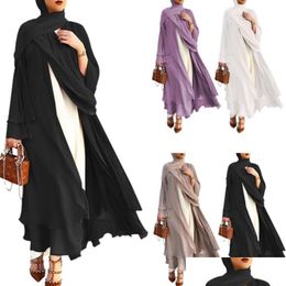 Ethnic Clothing Muslim Long Sleeve Flowy Maxi Cardigan Islamic Open Front Kimono Abaya Robe Turkey Kaftan Solid Color Belted Loose Dro Ot8J3