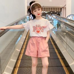 Girls Suit Puff Short Sleeves Pink Shorts Summer Clothes Korean Style Fashion Simple Outer 2piece Set 240515