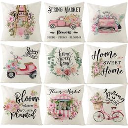 Pillow Spring Pink Flower Bicycle Cover Floral Truck Sweet Home Decorative Pillows For Sofa 45X45cm
