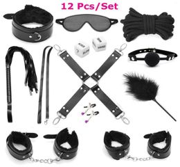 fororgasm Adult Game 12pcs Set Handcuffs Gag Nipple Clamps Whip Collar Erotic Toy Leather Fetish BDSM Bondage Restraint Toy9881918