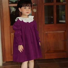 Girl Dresses Princess Lace Collar Puff Sleeve Vintage Dress For Girls Corduroy Baby Children Frocks Kids Autumn Clothes Blue