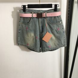 Girls Pink Jean Shorts Fashion Letters Embroidery Pants Trendy Waist Belt Designer Shorts Beach Casual Short Pants
