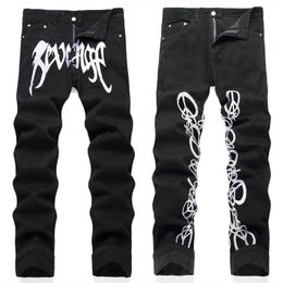 Men's Jeans Autumn Winter Mens Embroidery Jeans Artword Black High Elastic Leg Pants 3D Tight Flce Zipper Slim Fit Gradient High Strt 2 T240515