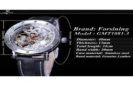 Forsining Watch Bracelet Set Combination Silver Skeleton Red Hand Black Genuine Leather Automatic Watches Men Transparent Clock4529531