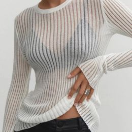Women's T Shirts 2024 Summer Fashion White Elegant Striped See Through Women Tops Outfits Long Sleeve T-Shirts Tees Skinny Club Party