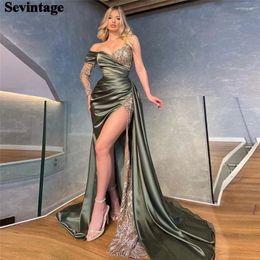 Party Dresses Sevintage Vintage Green Satin Prom Dress Mermaid Sweetheart Sequineds Pleated Floor Length Evening Vestido De Gala 2024