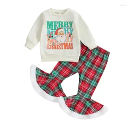 Clothing Sets Toddler Girls Xmas Clothes Set Letters Santa Claus Print Sweatshirt With Plaid Flare Pants Kid Christmas Outfit