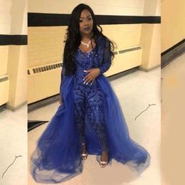 Royal Blue Jumpsuit Prom Dresses With Overskirts V Neck Long Sleeve Sequined Evening Gowns Plus Size African Pageant Pants 287s