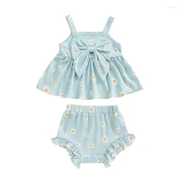 Clothing Sets Baby Girl 2 Piece Summer Set Bow Daisy Print Square Neck Ruffled Tank Tops Frill Trim Shorts Toddler Outfits