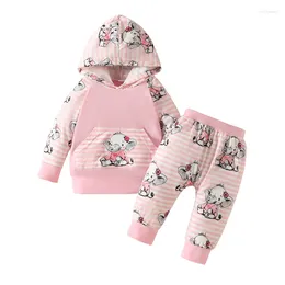 Clothing Sets 3-24 Months Baby Girl Clothes Outfits Long Sleeve Pinstripe Elephants Prints Hoodie Tops With Pants Toddler Infant 2Pcs Set