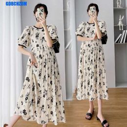 Maternity Dresses Maternity Dresses New 2023 Summer Temperament Pleated Casual Dress Korean Loose Floral Short-sleeved Fashion Pregnancy Skirt Y240516