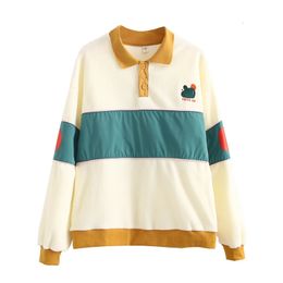 Women Fleece Warm Pullover Sweatshirts Winter Spring Niche Design Casual Loose Turn Down Collar Hoody Jumper Tops Colour Block 240507
