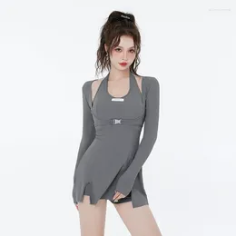 Women's Swimwear Swimsuit Women Korean High Waist One-piece Hanging Neck Dress With Long Sleeve Cover Up Girl Beach Holiday Bathing Suit