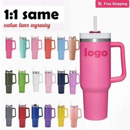 Us Stock with 40oz Hot Pink Mugs Stainless Steel Tumblers Cups Handle Straws Big Capacity Beer Wa stanliness standliness stanleiness standleiness staneliness 1NVW