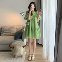 Green Maternity Summer Clothes Fashion Plus Size Pregnant Woman Mini Dress Puff Sleeve Ruffle Patchwork O-Neck Pregnancy Dresses