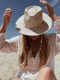 Wide Brim Hats Summer Panama For Women Sun Hat With Long Shell Conch Chain Straw White Black Jazz Caps Men Vintage Fedora Designer