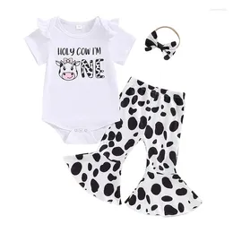 Clothing Sets Pudcoco Baby Girl 1st Birthday Outfit Letter Print Short Sleeve Romper With Cow Pattern Flare Pants And Headband 6-18M