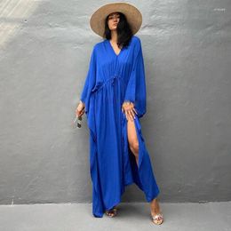 Cotton Tunic Cover-ups Dresses Beachwear Women 2024 Summer V Neck Solid Dress Bikini Coat Sunscreen Elegant Long Beach Swimwear