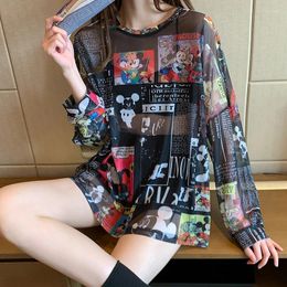 Women's T Shirts Summer Cartoon Print Mesh Shirt Women Clothing Sales Transparent Long Sleeve Blouse Ladies T-shirt Korean Clothes