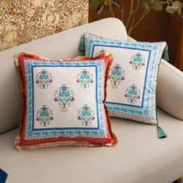 Pillow Light Luxury Retro Style Tassel Pillowcase Sofa Decoration Cover Velvet Soft Vintage Blue Floral Home Decor
