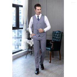 Men's Vests Business Grey Vest Pants Groomsman 2 PCS For Wedding Double Breasted V Neck Coarse Casual Waistcoat Formal