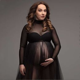 High Neck Stretchy Maternity Photography Tulle Full Sleeve See Through Pregnancy Mesh Maxi Dress For Photoshoot