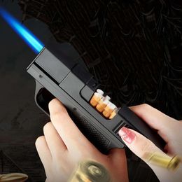 Creative Gun Shape Cigarette Case Lighter Butane Gas Unfilled Blue Flame Windproof Lighter For Men