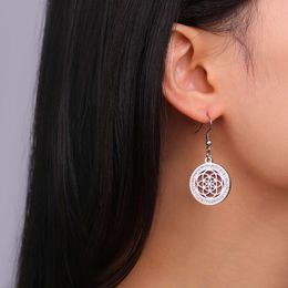 Elegant Zircon Of Life Dangle Earrings Women Stainless Steel Chakra Flower Round Pendant Vintage Amulet Jewelry